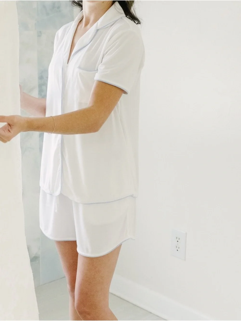 Bridal pajamas | Classic White Short Pajama Set with Light Blue Piping